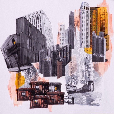 Stadtrand - Serie Stadtwelten - Collage aus Transferdruck, Tusche, 2017
